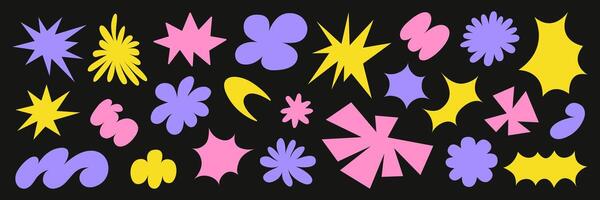 Abstract set colorful retro groovy shapes on a black background. Trendy geometric cosmic starburst forms. vector
