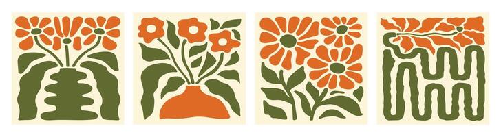Abstract botanical set square posters with various blossom groovy flowers. Naive art decor. vector