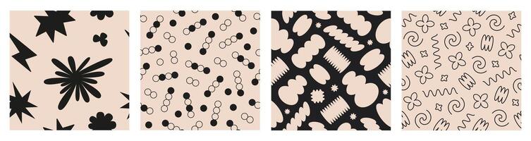 Set of Abstract seamless patterns with playful cartoon shapes and lines. Trendy random shapes. Retro funky groovy print vector