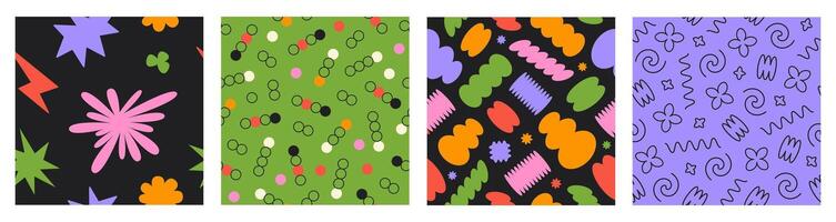 Set of Abstract seamless patterns with colorful playful cartoon shapes and lines. Trendy random shapes. Bright funky groovy print vector