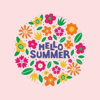Hello summer square banner. Colorful botanical background with groovy flowers and leaves. vector