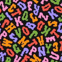 Colorful funky abstract seamless pattern with playful groovy letters on a black background. Retro trendy illustration vector