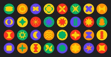 Big set of round retro stickers. Trendy y2k icons with abstract colorful shapes vector