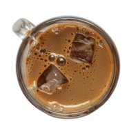 A cup of coffee with ice cubes in it. The coffee is brown and frothy. The ice cubes are scattered throughout the coffee, creating a contrast between the hot and cold temperatures png