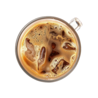 A cup of coffee with ice cubes in it. The coffee is brown and frothy. The ice cubes are scattered throughout the coffee, creating a contrast between the hot and cold temperatures png