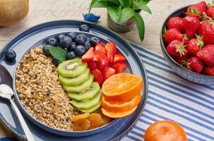 Granola with strawberries, kiwi, banana and blueberries in a round plate on a white table. photo