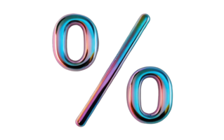 3D chrome percent sign on a transparent background. element in J2K style, holographic shiny surface, gasoline stains. png