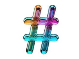 Multicolored neon 3D hashtag sign in Y2K style chrome molten glass on transparent background. element in retro style, molten chrome. png