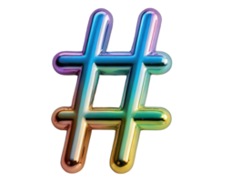 Multicolored neon 3D hashtag sign in Y2K style with liquid glass or metal texture on a transparent background. element in retro style, molten chrome. png