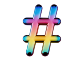 Multi-colored 3D sharp sign, hashtag in Y2K style with liquid glass or metal texture on a transparent background. element in retro style, molten chrome. png