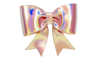 3D render of a bow on a transparent background. Holographic sparkling element in Y2K style. Liquid chrome, vintage girly accessory in pastel peach color, icon, metal surface. png