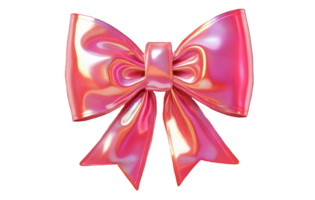 3D render of a bow on a transparent background. Holographic sparkling element in Y2K style. Liquid chrome, vintage girly accessory in bright fuchsia color, icon, metal surface. png