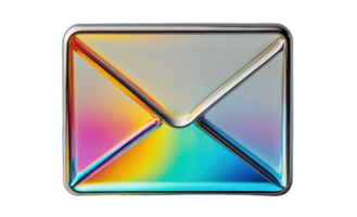 Shining chrome envelope isolated on a transparent background. 3D holographic element in Y2K style, molten metal. png