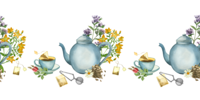 Seamless border. Tea party, herbal tea, cup, teapot, tea bags, strainer, meadow herbs for tea. All objects are hand-painted with watercolors. Suitable for packaging, kitchen textiles, design png