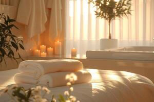 Rolled spa towels on a massage bed, sunlight streaming through curtains, candles in background photo