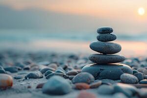 Stacked smooth pebbles on a serene beach at sunrise, embodying the essence of balance and meditation photo