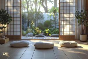 Japanese-inspired meditation room with floor cushions and a view of nature through large windows photo