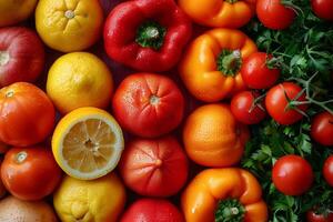 Top view of a colorful assortment of citrus fruits and tomatoes, with vibrant textures and fresh appeal photo