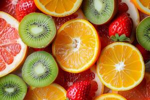 Close-up view of sliced citrus fruits and berries, featuring strawberries and kiwis, bursting with flavor photo