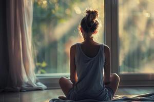In the tranquility of a sunlit room, a woman finds a moment of peace while meditating, focused on mental health photo