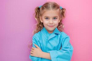 Portrait of a young girl with curly hair, blue shirt, smiling confidently against a pink backdrop. Perfect for pediatric health and wellness themes photo