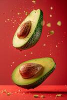 Eye-catching image of avocado halves floating, accented by dynamic red splatters, against a rich red backdrop. photo