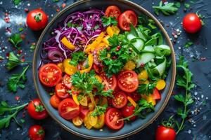 Colorful vegetable salad with tomatoes, cucumber, and herbs in a dark bowl on a textured background photo