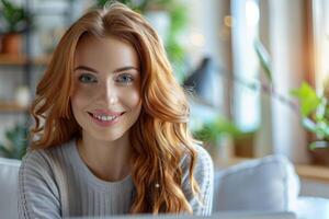 A cheerful redhead woman with flowing hair using a laptop, with indoor plants adding to a bright home setting photo