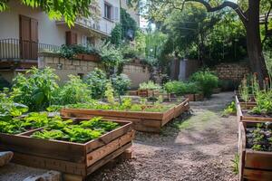 Raised wooden garden beds brimming with verdant plants, nestled in a peaceful residential neighborhood photo