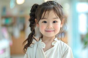 A happy young girl with pigtails smiling warmly in a brightly lit pediatric clinic, exuding comfort and care photo