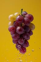 Dewy ruby grapes create a striking contrast against a radiant yellow background in this AI-generated image full of vibrance photo