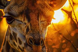 Macro shot of a giraffe's eye reflecting the warm hues of a sunset, highlighting the texture and patterns of its skin photo
