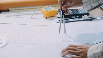 Engineer Teamwork Meeting, Drawing working on blueprint meeting for project working with partner on model building and engineering tools in working site, Construction and structure concept.. video