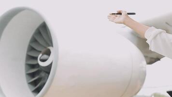 Asian engineer or technician with airplane in hangar video