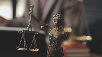 Judge gavel with Justice lawyers having team meeting at law firm background. Concepts of Law and Legal services. video