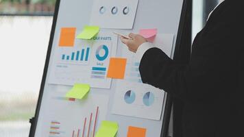 Financial analysts analyze business financial reports on a digital tablet planning investment project during a discussion at a meeting of corporate showing the results of their successful teamwork. video