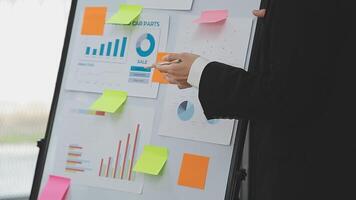 Financial analysts analyze business financial reports on a digital tablet planning investment project during a discussion at a meeting of corporate showing the results of their successful teamwork. video