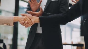 Happy, business people and hands clapping at meeting with notebooks in office for seminar or trade show. Smile, corporate group and conference with applause in boardroom for training interns video