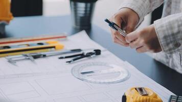 Engineer Teamwork Meeting, Drawing working on blueprint meeting for project working with partner on model building and engineering tools in working site, Construction and structure concept.. video