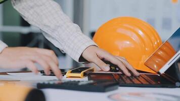 Engineer Teamwork Meeting, Drawing working on blueprint meeting for project working with partner on model building and engineering tools in working site, Construction and structure concept.. video