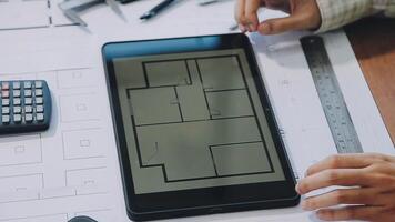 Engineer Teamwork Meeting, Drawing working on blueprint meeting for project working with partner on model building and engineering tools in working site, Construction and structure concept.. video