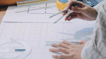 Engineer Teamwork Meeting, Drawing working on blueprint meeting for project working with partner on model building and engineering tools in working site, Construction and structure concept.. video