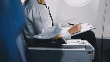 Attractive asian female passenger of airplane sitting in comfortable seat listening music in earphones while working at modern laptop computer with mock up area using wireless connection on board. video