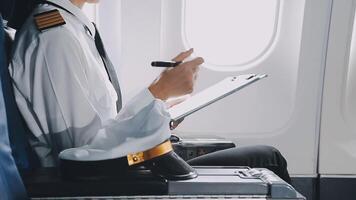 Attractive asian female passenger of airplane sitting in comfortable seat listening music in earphones while working at modern laptop computer with mock up area using wireless connection on board. video