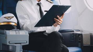 Attractive asian female passenger of airplane sitting in comfortable seat listening music in earphones while working at modern laptop computer with mock up area using wireless connection on board. video