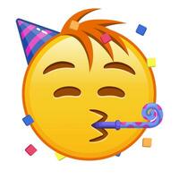 Face with a festive horn and cap Large size of yellow emoji smile with hair vector