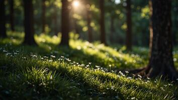 The sun illuminates the forest, casting light through the verdant trees onto a carpet of lush green grass dotted with tiny white blossoms. photo