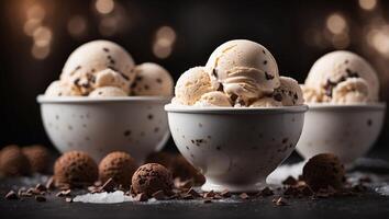 Three scoops of ice cream on a table with chocolate chips and a bowl of ice cream in the background. photo