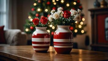 Two red and white striped vases with flowers on a table in front of a Christmas tree in a living room. photo