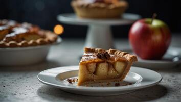 Two slices of pie placed on a pristine white plate, accompanied by an apple and a star anise. photo